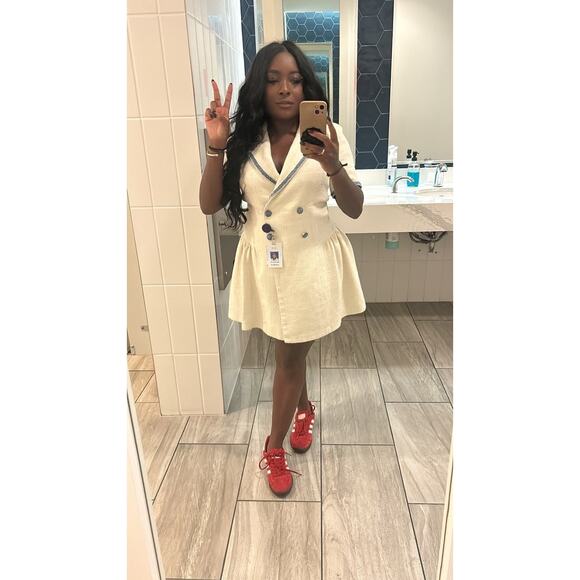 SANDRO Off White Tweed Blue Trim A-Line Double Breasted Seville Dress Size 36 - Picture 12 of 16